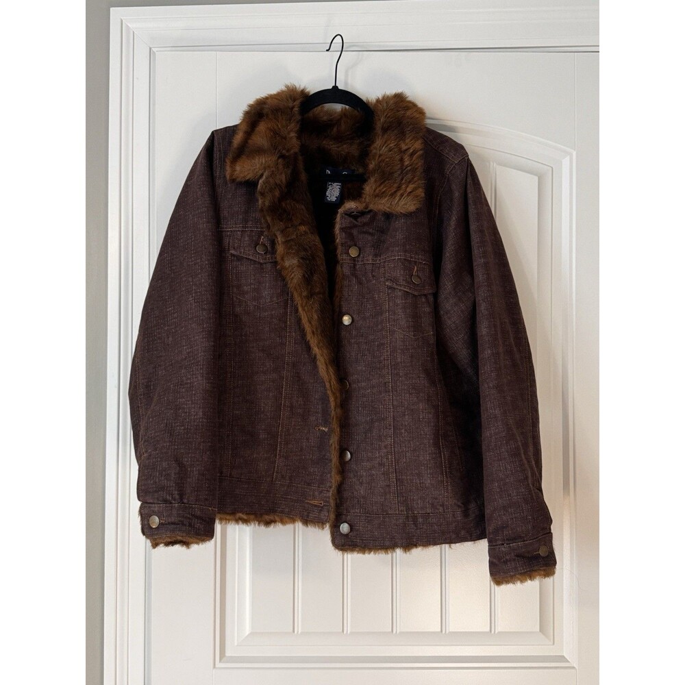 Denim & Co Women’s XL Brown Denim Faux Fur Lined Trucker Jacket Y2K Boho